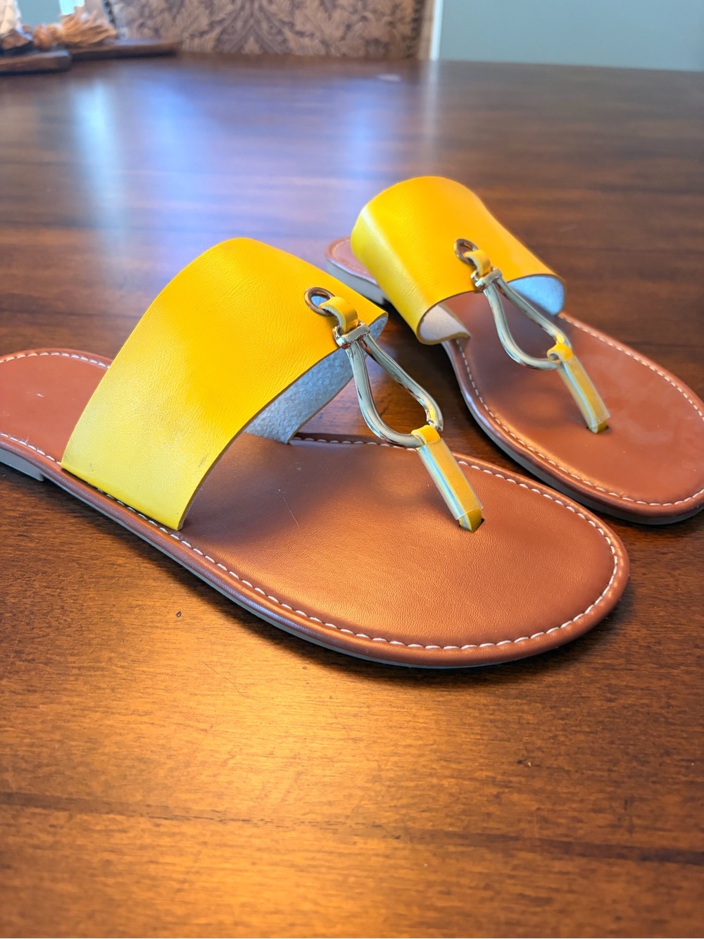Women's Yellow Leather Toe-Loop Slide Sandals